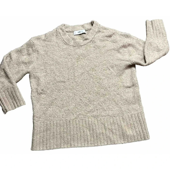 ZARA Tan Beige Ribbed Knit 3/4 Sleeve Pullover Crew Neck Sweater Size S - Picture 1 of 11